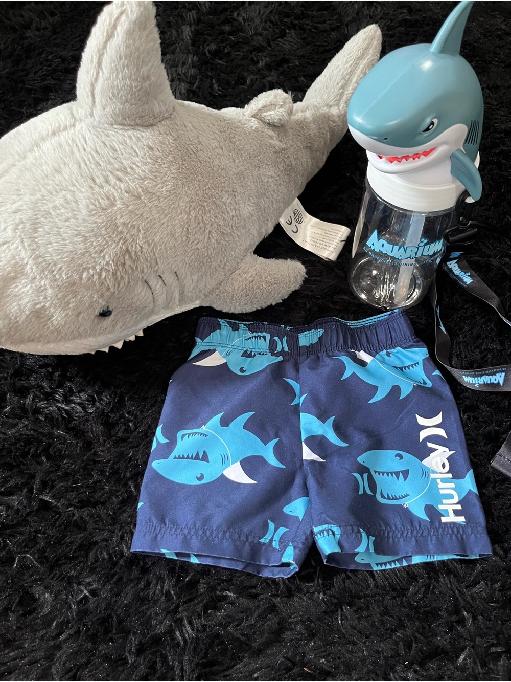 Hurley 12 Months Boys Navy Blue Shark Swim Shorts Giant Plush Shary Water Bottle